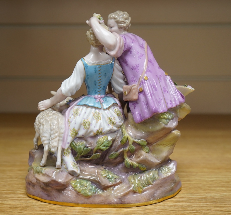 A 19th century Meissen shepherd and shepherdess group, incised to base ‘A41’, 18cm. Condition - fair, chip to base and restoration